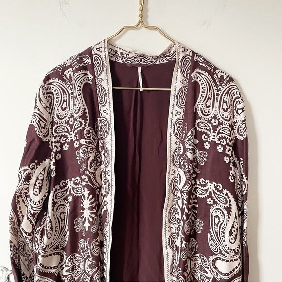 Free People Brown Satin Bandana Print Long Kimono Duster M - Picture 6 of 9